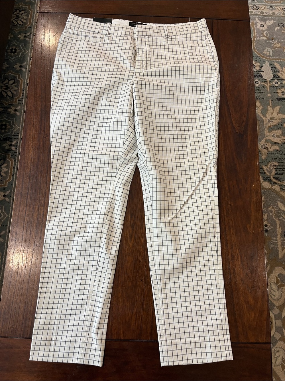 Banana Republic White Pants with Navy Windowpane Grid